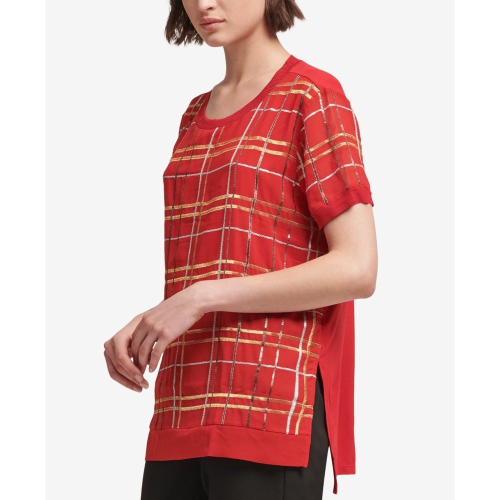 NWT Womens Size Small DKNY Red Sequin and Embroidered Short Sleeve Blouse Top